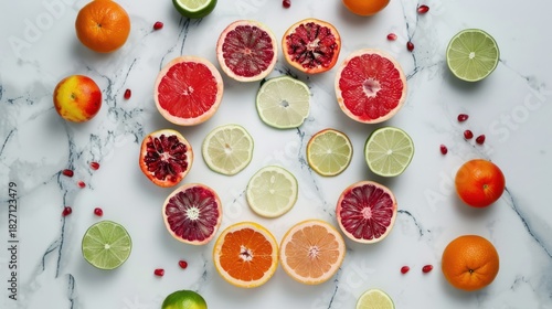 Colorful Assorted Citrus Fruits Sliced on White Marble Background