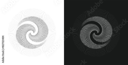 Dual monochrome halftone spiral set with smooth dotted gradients forming mirrored circular motion, ideal for modern tech designs, branding concepts, and abstract symbolism
