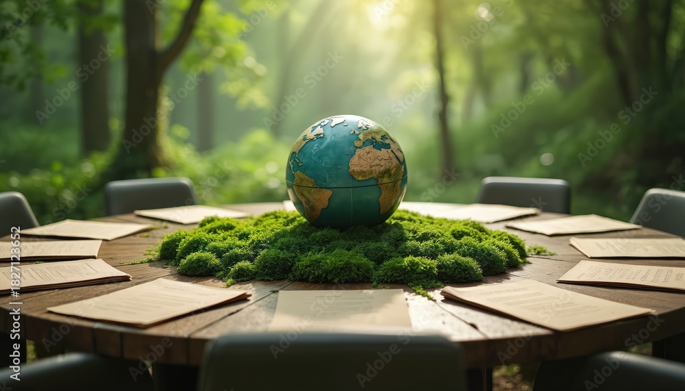 Fototapeta premium International conference table with earth globe. Green moss adorns center. Documents on table near chairs. Forest background. Concept for ecology, climate, eco policies, environment, sustainability