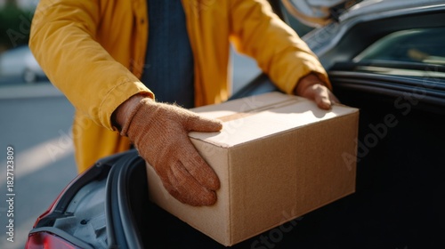 A man in a yellow jacket and gloves carefully places a cardboard box into the trunk of a car.