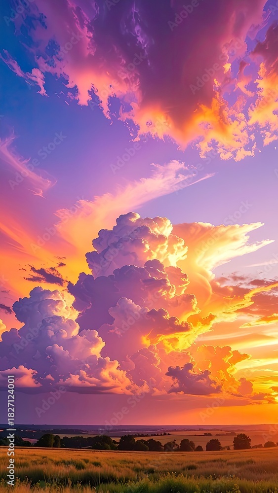 Fototapeta premium Fiery sunset over fields, clouds ablaze with vibrant hues