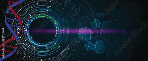 Futuristic plexus hexagons, DNA strands, connected neural technology background