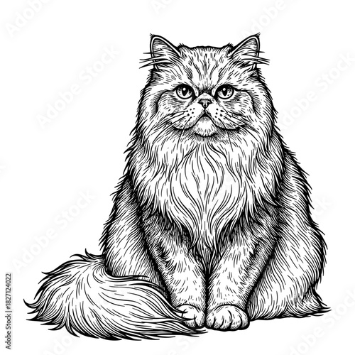 Persian cat in vintage line art style