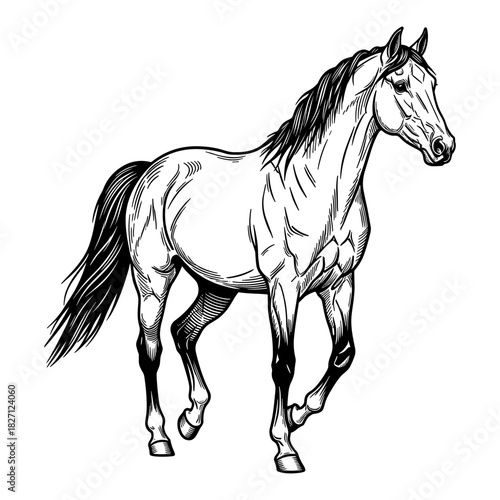 Walking horse in vintage line art style