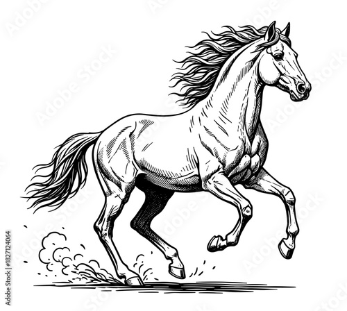 Galloping horse in vintage line art style
