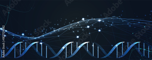 Futuristic plexus hexagons, DNA strands, connected neural technology background