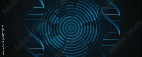 Futuristic plexus hexagons, DNA strands, connected neural technology background