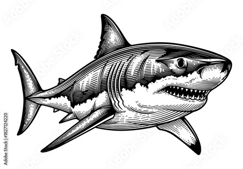 Great white shark in vintage line art style