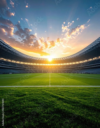 Football stadium with green grass and setting sun. Bright sky, architecture