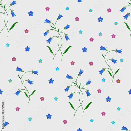Seamless pattern with Blue bells and other flowers. 