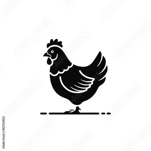 Minimalist black silhouette illustration of a chicken standing on a line in a simple farmyard scene.