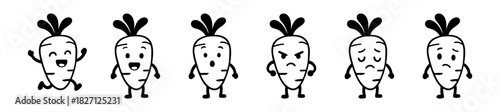 Cartoon Carrots Displaying Various Emotions in a Row on a White Background