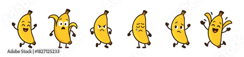 Collection of Animated Banana Fruit Characters Expressing Various Emotions