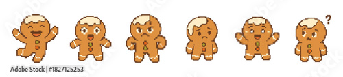Pixelated Gingerbread Men Showing Different Emotional Expressions on White Background