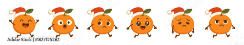 Christmas Oranges with Santa Hats Expressing Various Emotions Running on White Background