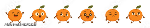 Orange Fruit Characters Expressing Varied Emotions While Walking or Running