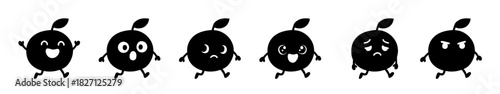 Cartoon Fruit Character Emoticons Running with Different Facial Expressions in Monochrome