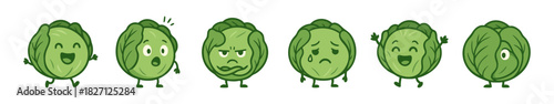 Variety of Cartoon Brussels Sprouts Expressing Different Emotions on White