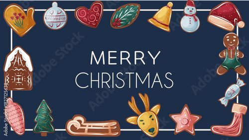 Holiday vector banner with a decorative garland of Christmas cookies, ornaments, gingerbread, and winter treats framing the greeting text.