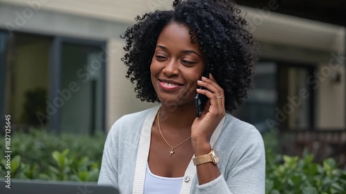 Smiling Young Black Woman Engaged in a Pleasant Phone Call Outdoors, Blurry Modern Home and Greenery Backdrop