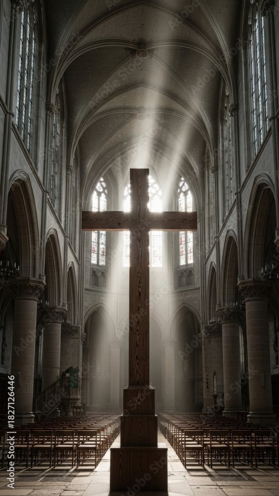 Fototapeta premium Large wooden cross stands solemnly inside an ancient church illuminated by divine light rays