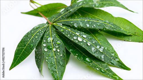 Green leaves show water droplets on clean surface. Offers nature backdrop for product staging, print materials.