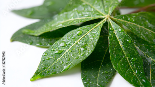 Green leaves glisten with water droplets, presented on a clean surface. Perfect for wellness product photography or minimal branding.
