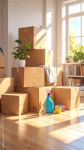 Boxes stacked in a bright room, sunlight streaming, plants, moving day
