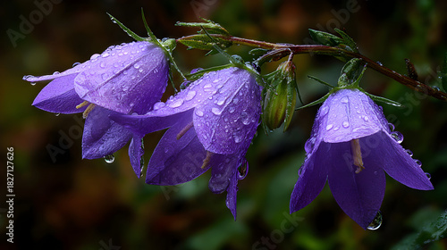Purple bellflowers glisten with raindrops. Captures delicate textures with soft, moody lighting. Ideal for nature posters, floral designs, or peaceful backdrops.