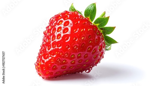 Vibrant, ripe strawberry with green leaves and water droplets, isolated on white