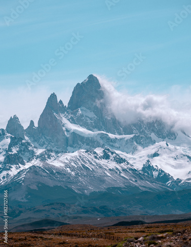 Iconic view of Mount Fitz Roy in Argentinian Patagonia on the road on the way to El Chalten
