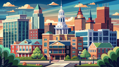 Very beautiful urban scene showcasing a mix of modern and historic buildings in Providence, Rhode Island, highlighting architectural details, city streets, and a peaceful New England urban atmosphere.