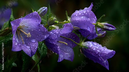 Purple bells glisten. Water droplets add sparkle. Perfect for nature photography, greeting cards, and botanical illustrations.