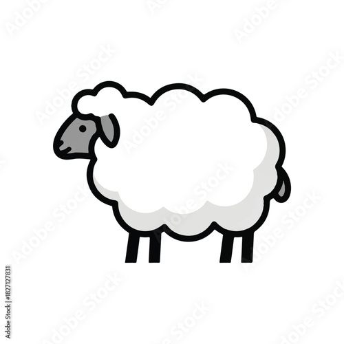Smiling cartoon sheep illustration with fluffy white wool and black face on a simple farm motif.