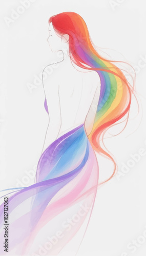 Hand-drawn illustration in colored pencils of a woman in a silk dress with rainbow hair. Vector graphics. EPS.