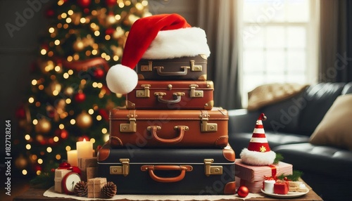 Stack of Suitcases Topped with Santa Hat Symbolizing the Excitement of Christmas Eve Travel