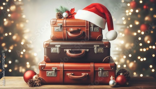 Stack of Suitcases Topped with Santa Hat Symbolizing the Excitement of Christmas Eve Travel