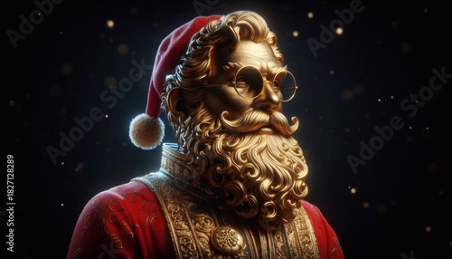 Portrait of a Golden Santa Claus Toy on Black Background with sparkles 