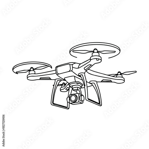 Line art illustration of a quadcopter drone with camera and propellers in flight.