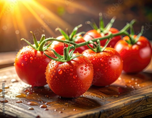Fresh tomatoes on vine, glistening with water droplets, on a wooden cutting board