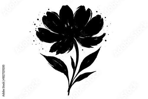 Black floral illustration with bold brush strokes and artistic splatter in a simple design