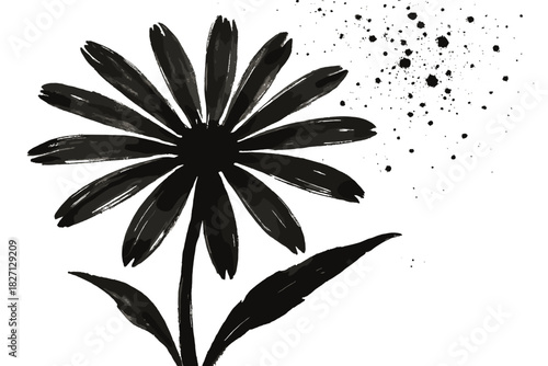 Black flower painting with artistic splatter on a light background showcases simple beauty and elegance