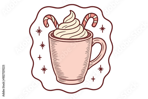 Warm cup of hot chocolate topped with cream and candy canes for a cozy winter treat
