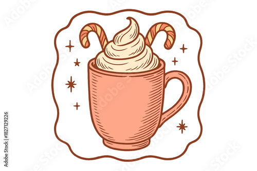 Delicious warm drink topped with cream and candy canes in a cozy winter setting