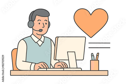 Support agent providing assistance with computer, showing heart symbol for customer care in a modern workspace