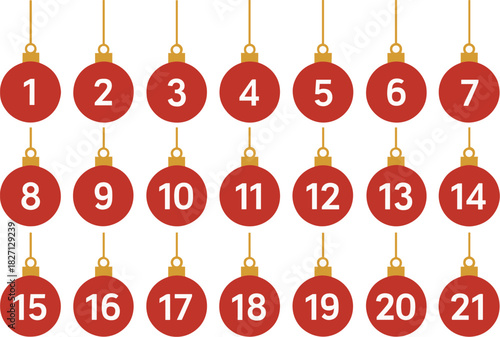 Decorative red ornaments displayed in a grid for festive holiday countdown activities