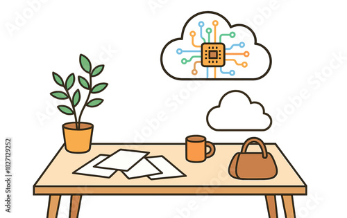 Cloud computing concept with a stylish desk setup featuring a plant, cup, and notepaper