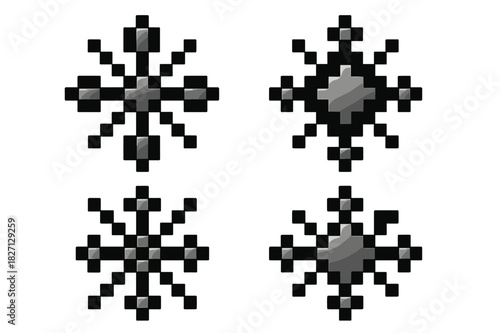 Decorative black and white patterns with geometric snowflake designs suitable for various design projects