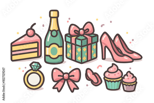 Colorful party items including cake, gifts, champagne, and high heels create a festive atmosphere for a celebration