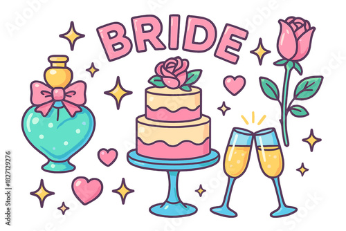 Celebration of a bride with decorations, cake, and champagne symbols for a joyful wedding event